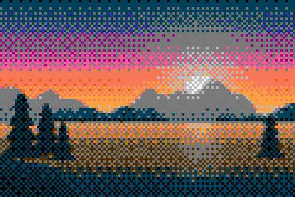8-bit style version of the sunset lake in the NES-style palette with Bayer 8×8 ordered dithering, 120 × 80 grid