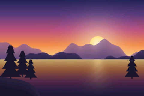 Sunset lake at 16-bit color, 240 × 160 grid, no dithering