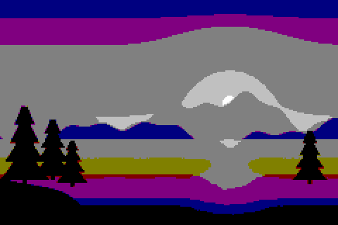 Sunset lake at 4-bit color, 240 × 160 grid, no dithering