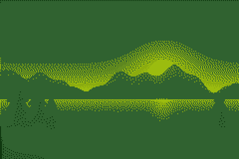 Sunset lake in the four-color Game Boy palette, floyd-steinberg, 240 × 160 grid