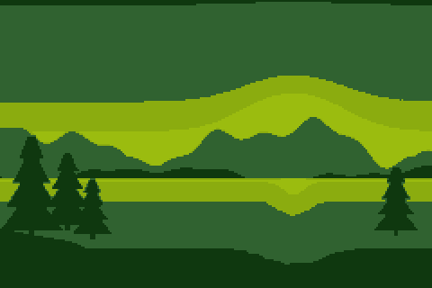 Sunset lake in the four-color Game Boy palette, no dithering, 240 × 160 grid