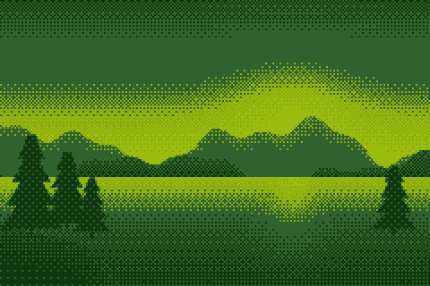 Sunset lake in the four-color Game Boy palette, ordered, bayer 4×4, 240 × 160 grid