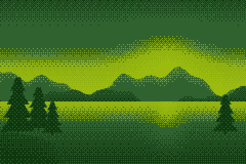 Sunset lake in the four-color Game Boy palette, ordered, bayer 8×8, 240 × 160 grid
