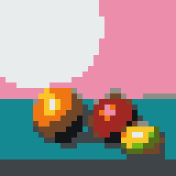 Fruit still life as a 32 × 32 Minecraft wool build plan, shown enlarged