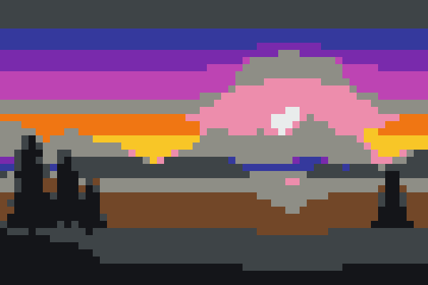 Minecraft wool color version of the sunset lake: 60 × 40 grid using only the 16 wool colors