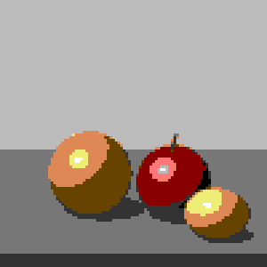 Fruit still life converted to the Commodore 64 palette, 100 × 100 grid, no dithering