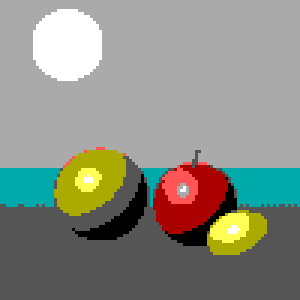 Fruit still life converted to the CGA palette, 100 × 100 grid, no dithering
