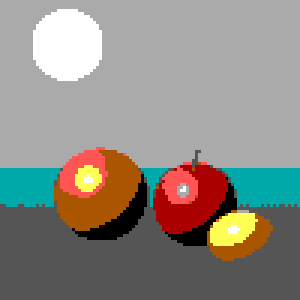 Fruit still life converted to the EGA palette, 100 × 100 grid, no dithering