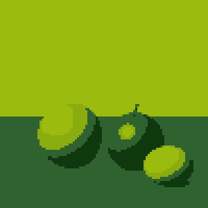 Fruit still life converted to the Game Boy palette, 100 × 100 grid, no dithering