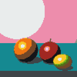 Fruit still life converted to the Minecraft wool palette, 100 × 100 grid, no dithering