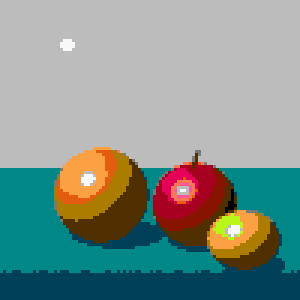 Fruit still life converted to the NES-style palette, 100 × 100 grid, no dithering