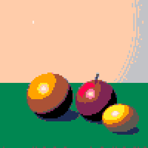 Fruit still life converted to the PICO-8 palette, 100 × 100 grid, no dithering