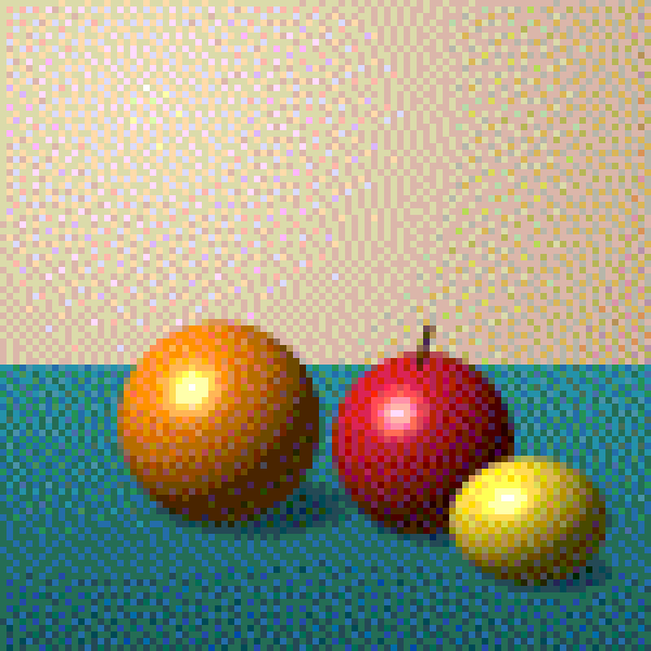 Pixel art version of the fruit still life: a 100 × 100 grid in 8-bit color with Floyd-Steinberg dithering