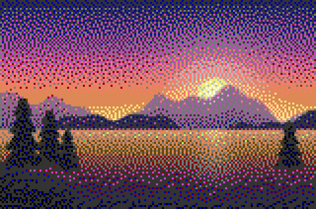 Pixel art version of the sunset lake in the Commodore 64 palette with Floyd-Steinberg dithering, 160 × 106 grid