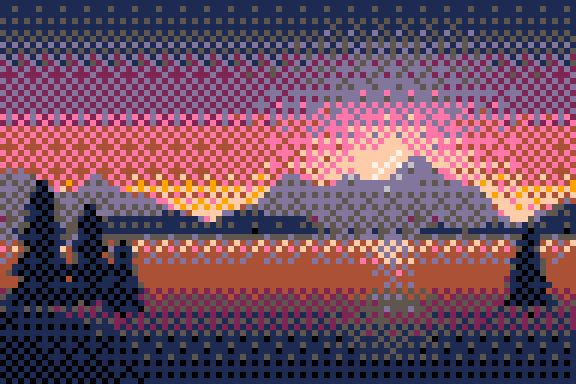 Pixel art version of the sunset lake in the PICO-8 palette with Bayer 4×4 dithering, 96 × 64 grid