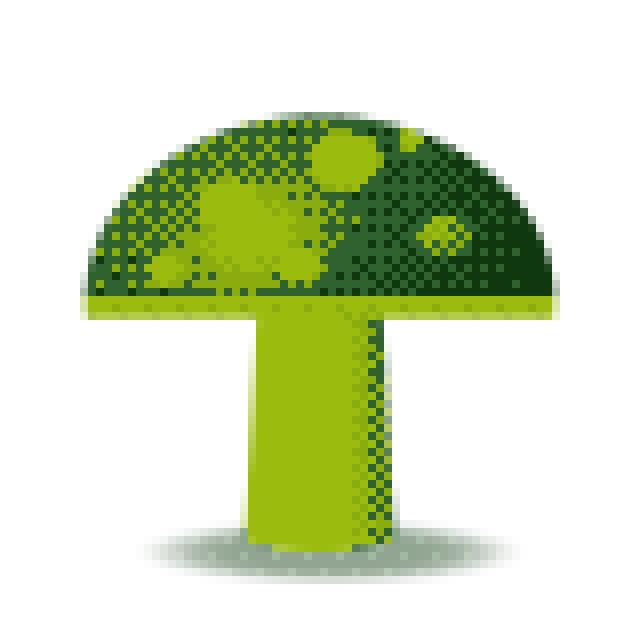 Game Boy style pixel art of the mushroom in four shades of green with Bayer 4×4 dithering, 80 × 80 grid