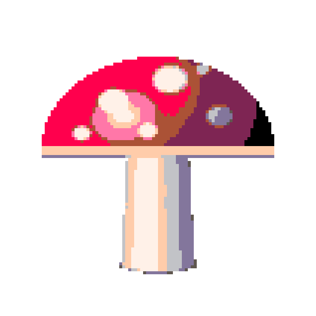 Retro game sprite of the mushroom: 106 × 106 grid in the PICO-8 palette with crisp transparent edges