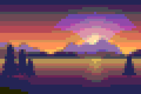Sunset lake at pixel size 16: a 60 × 40 grid in 8-bit color