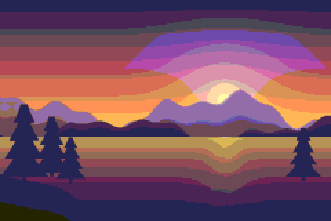 Sunset lake at pixel size 4: a 240 × 160 grid in 8-bit color