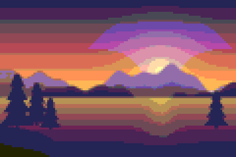 Sunset lake at pixel size 8: a 120 × 80 grid in 8-bit color