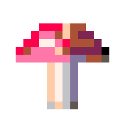 The mushroom as a 16 × 16 sprite in the PICO-8 palette, shown enlarged