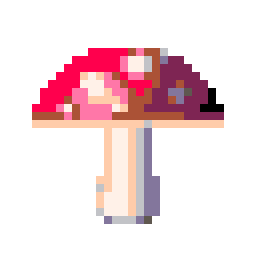 The mushroom as a 32 × 32 sprite in the PICO-8 palette, shown enlarged