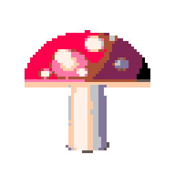 The mushroom as a 64 × 64 sprite in the PICO-8 palette, shown enlarged