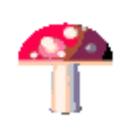 A 64 × 64 pixel mushroom sprite enlarged 4× with smooth bilinear scaling, which blurs the pixel edges
